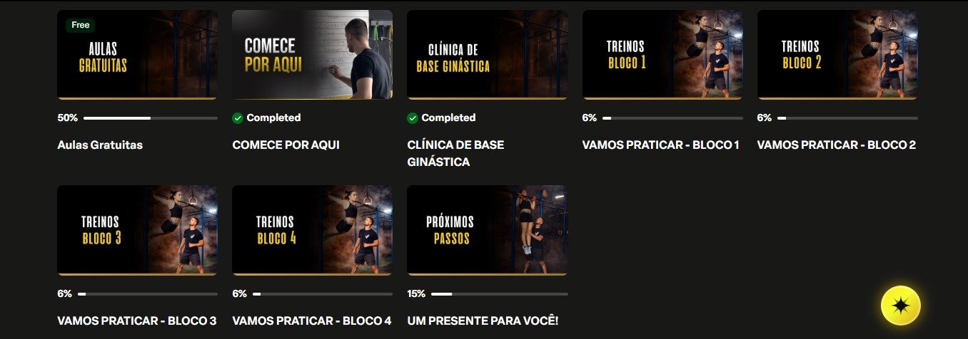 Módulos do curso: Comece por aqui, Clínica de Base Ginástica, Treinos Bloco 1 a 4 e Próximos passos